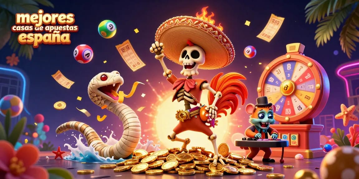 Mejores casas de apuestas España ilustradas en un dinámico festival de apuestas, mostrando emblemas de premios y diversión