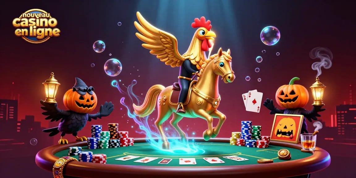 Illustration dynamique de nouveau casino en ligne avec personnage central et ambiance nocturne.