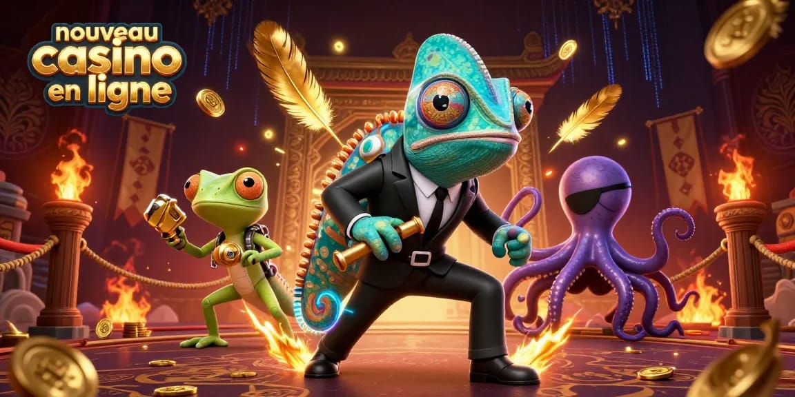 Plonger dans l'univers du nouveau casino en ligne avec un caméléon agent secret et une pieuvre en pleine action.