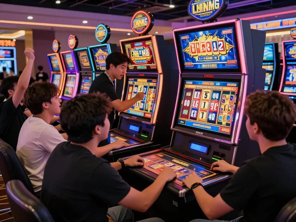 Pemain menikmati pengalaman permainan link slot yang meriah di atmosfer kasino yang hidup.