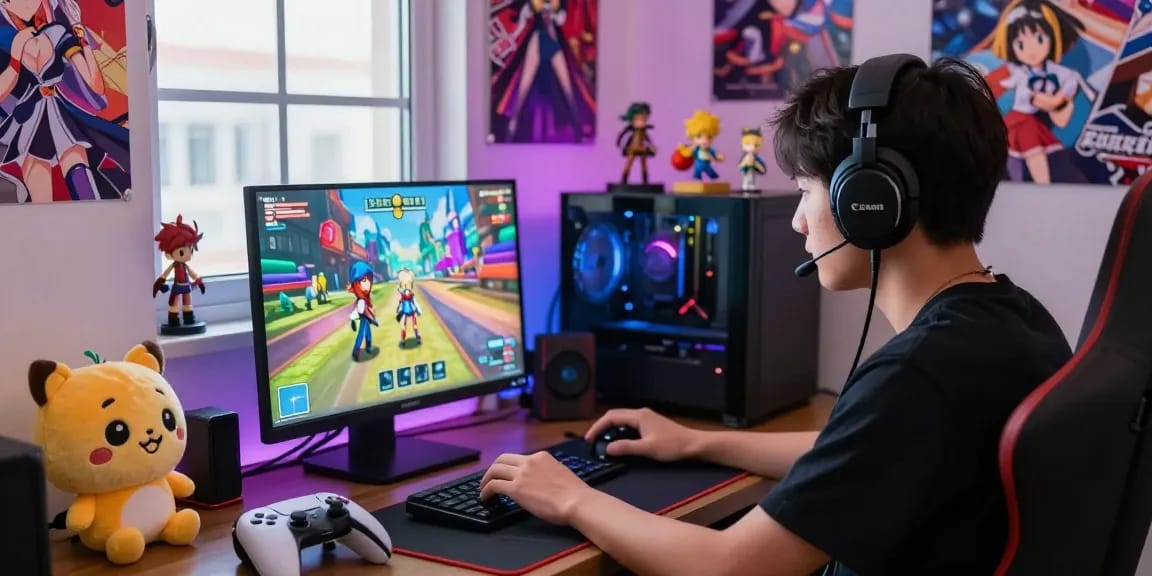 Player immersed in an ecchi simulator in cozy gaming setup with vibrant decor.