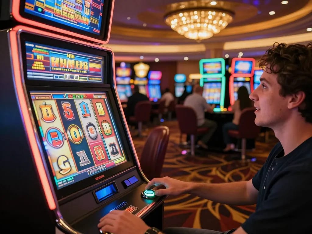 Player winning on situs toto slot machine with colorful reels aligning, capturing thrilling gaming moment.