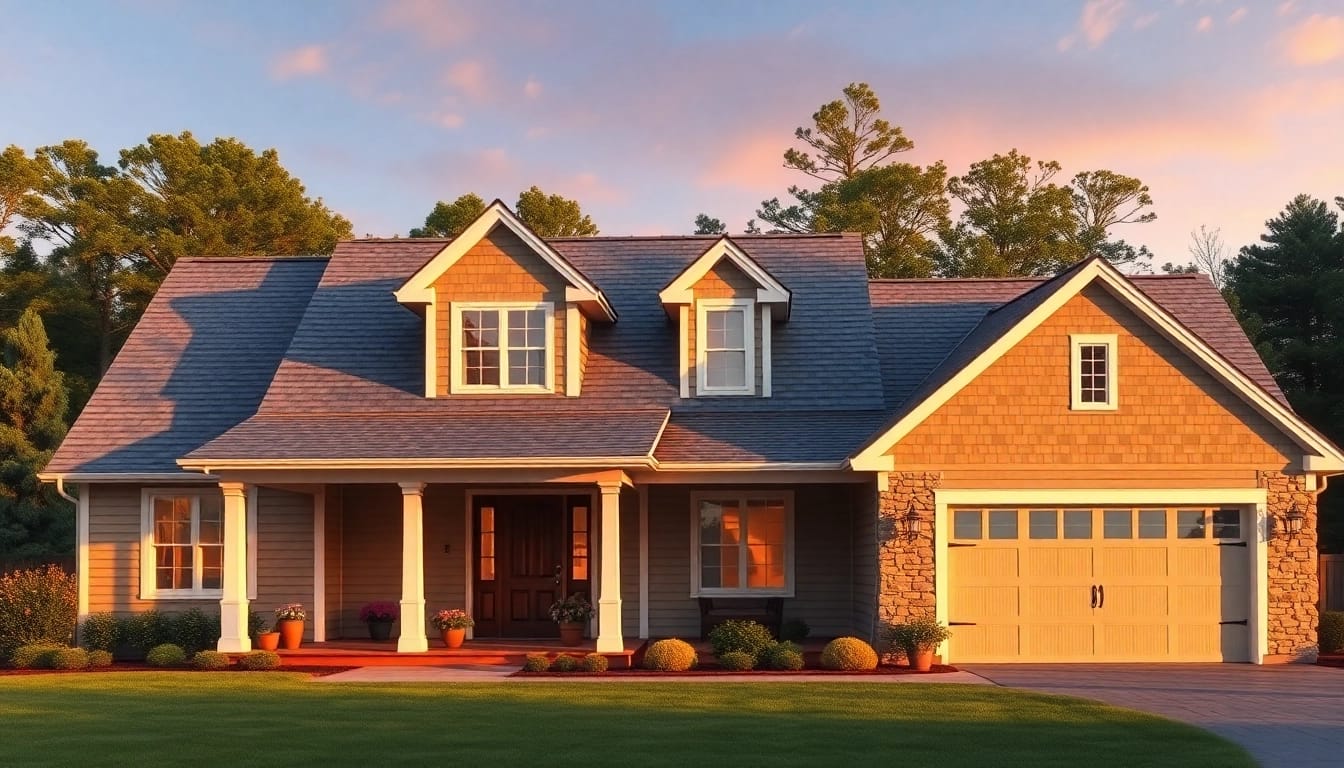 Cape Cod home featuring an elegant attached garage in a scenic landscape.
