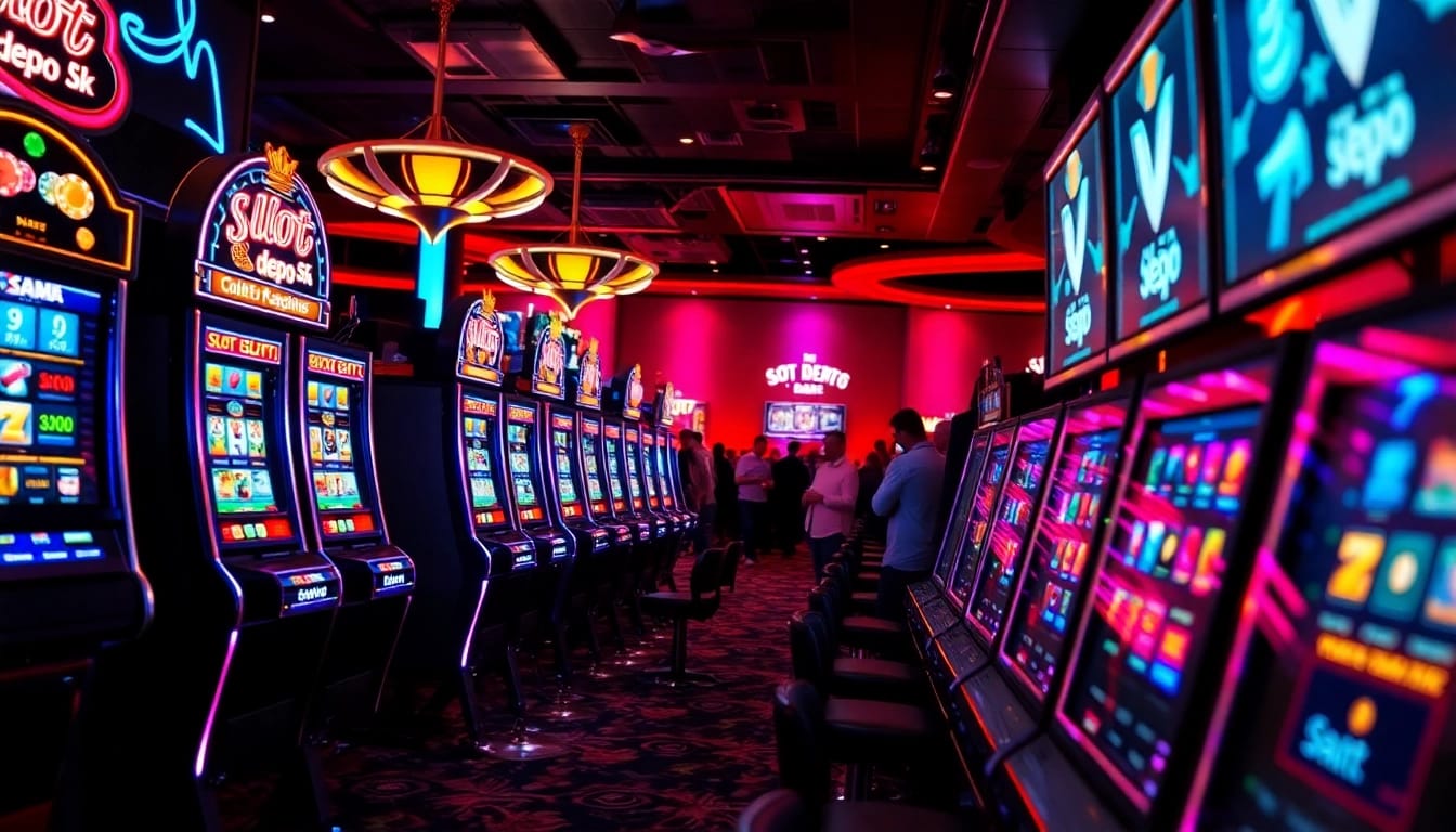 Berinteraksi dengan mesin slot Depo 5k di tengah suasana kasino yang hidup penuh kegembiraan.