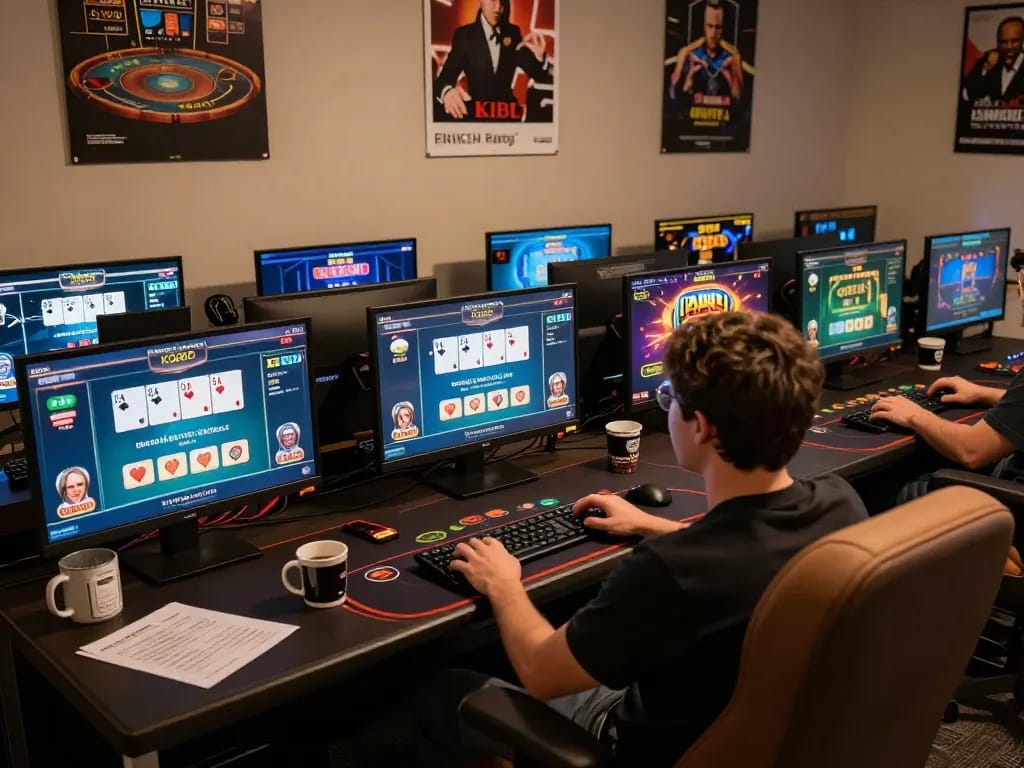 KQBD gaming setup with multiple screens displaying live casino action for an engaging experience.