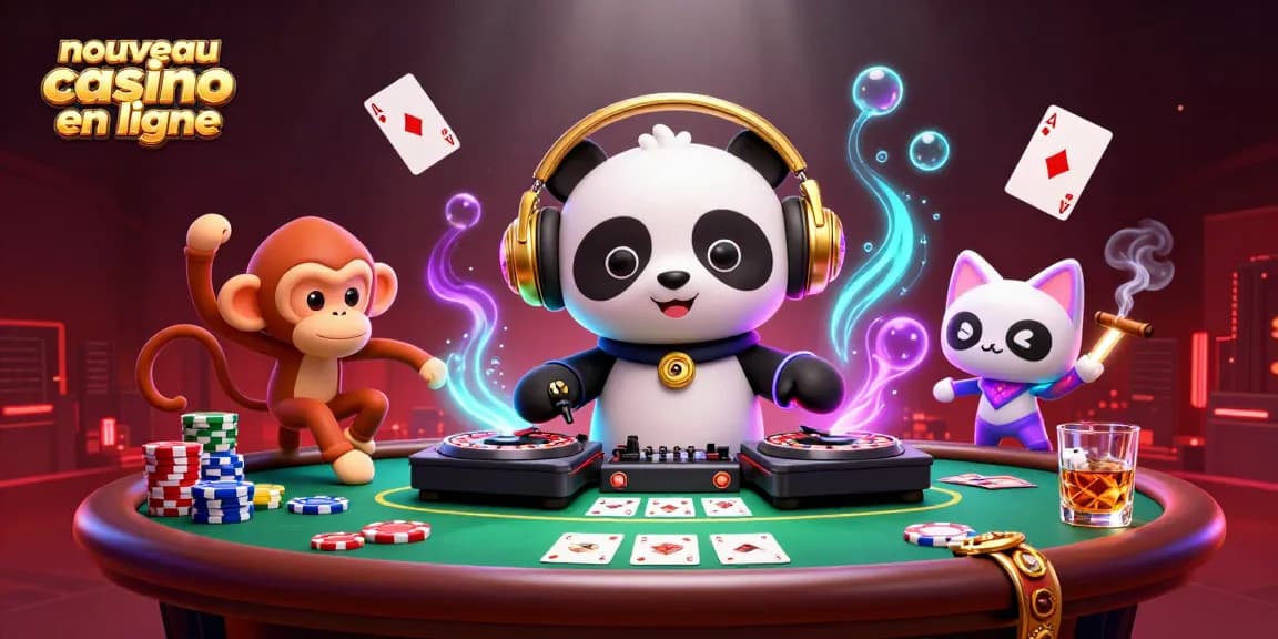 Profitez des jeux dans un nouveau casino en ligne avec un panda DJ et un singe dansant dans une ambiance festive.