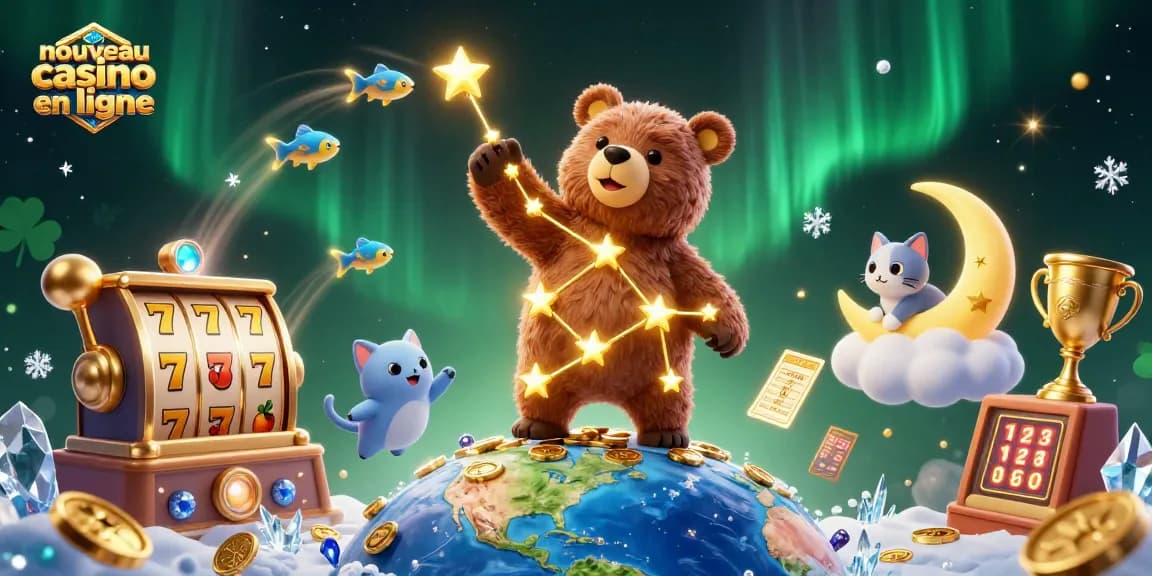 Illustration d'un nouveau casino en ligne avec un ours constellation et des éléments de machines à sous.
