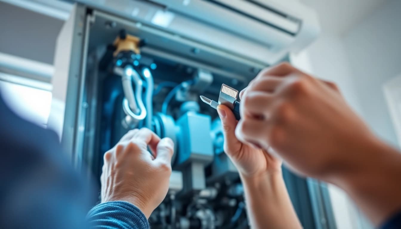 Technician inspecting HVAC system with das 140 components in a modern home environment.