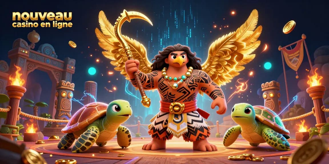 Jouez au nouveau casino en ligne avec une illustration riche en détails d'un dieu Maui et une sympathique tortue dans un cadre dynamique.