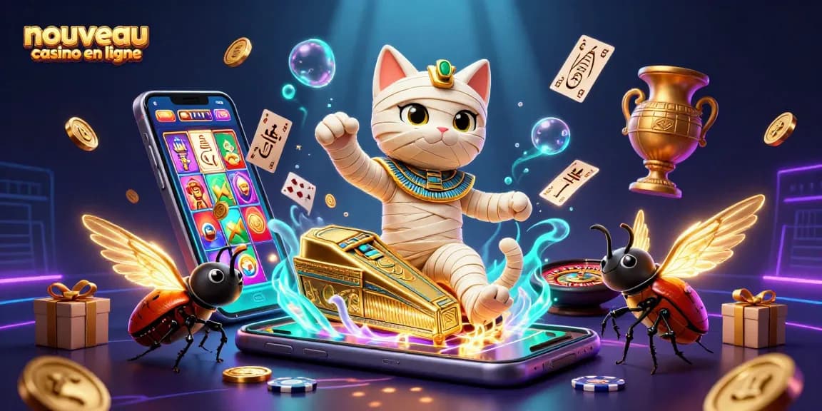 Découvrez un nouveau casino en ligne avec un chat momie et un scarabée dans un décor pyramidal.