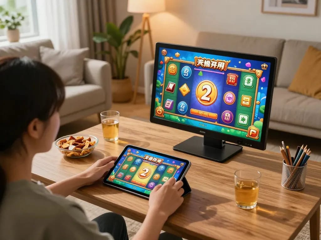 Player enjoying Mahjong Ways 2 on a tablet in a cozy living room with ambient lighting.