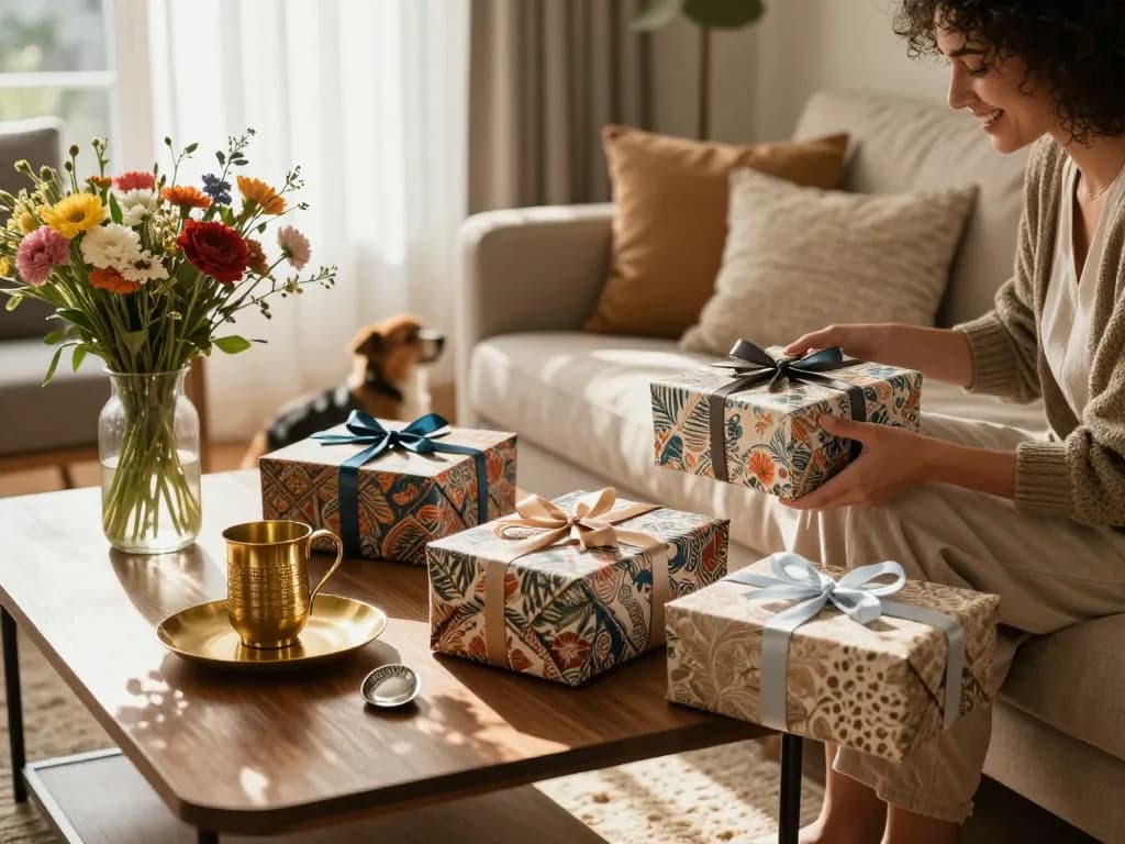 Elegant return gifts online beautifully wrapped in a cozy living room setting.