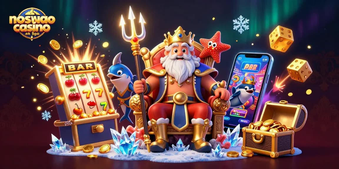 Illustration d'un nouveau casino en ligne avec Neptune et ses alliés au milieu de machines à sous et de jetons