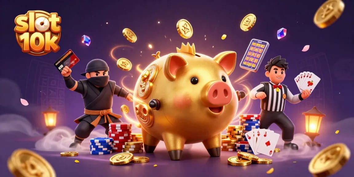 Experience thrilling slot 10k action with a golden piggy bank sumo wrestler, coins, and vibrant game elements.