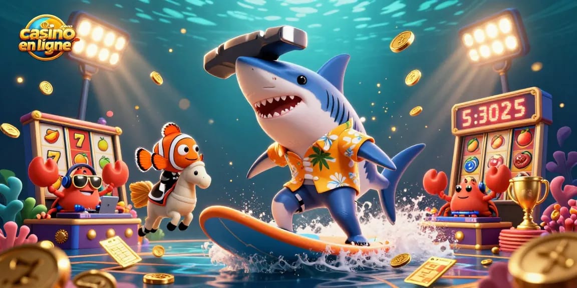 Illustration animée de personnages de casino, incluant un hammerhead, représentant le nouveau casino en ligne.