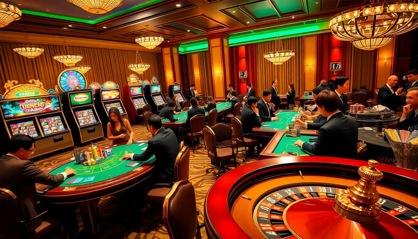 Exciting casino scene showcasing good88 com with vibrant poker chips and engaging players.
