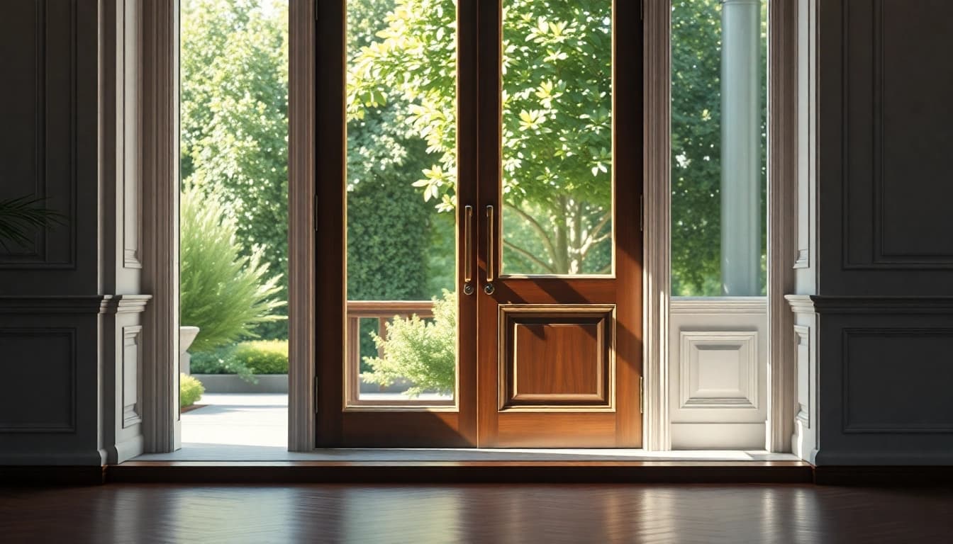 Showcasing an elegant single leaf swing door with intricate designs and natural light.
