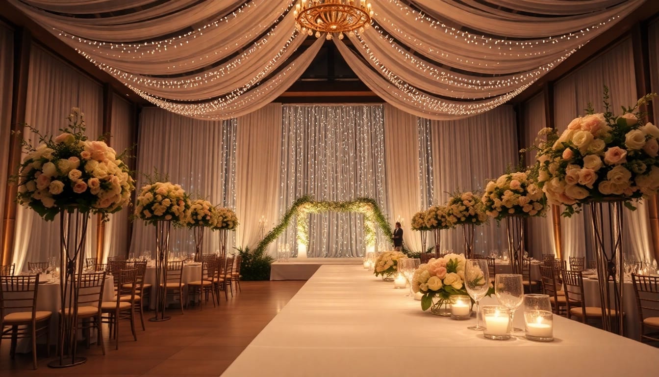 Traumhafter Hochzeitssaal mit eleganter Dekoration und romantischem Ambiente.