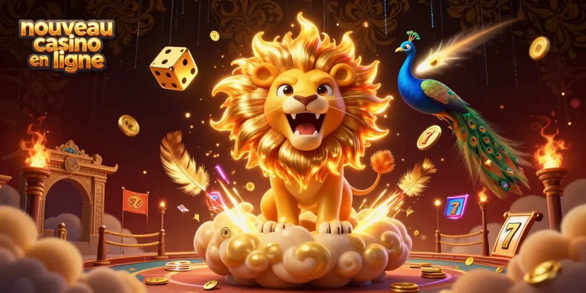 Illustration d'un nouveau casino en ligne avec des éléments de jeux variés et un lion triomphant.