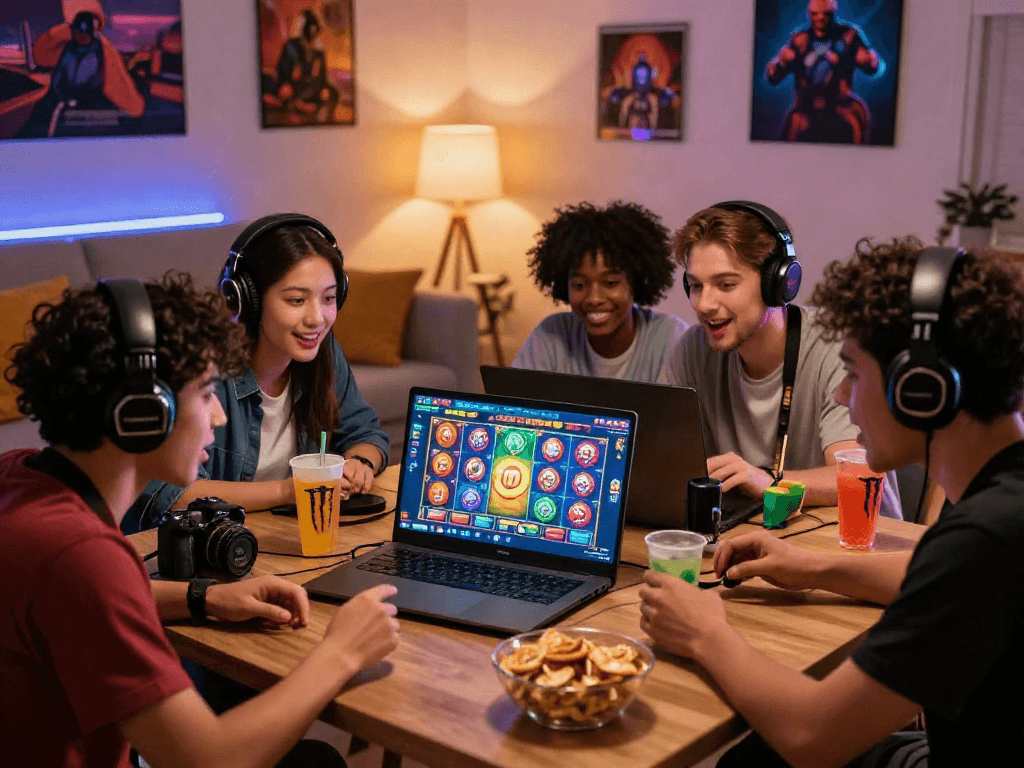 Friends discussing strategies for the slot bonus new member 100 while gaming online in a cozy living room.