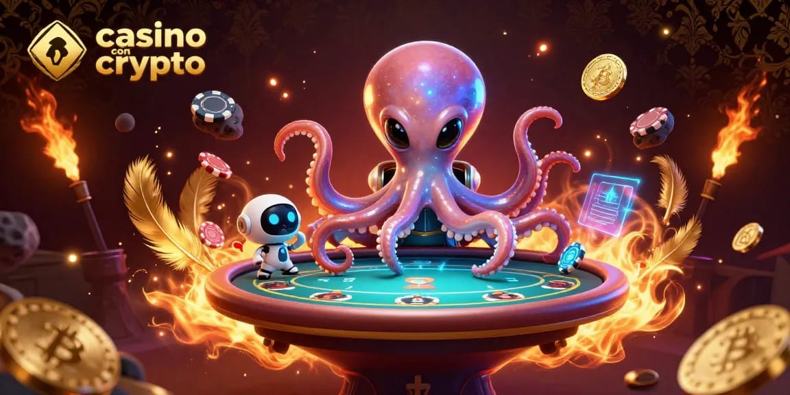 Gioca ai giochi innovativi nei casino con crypto mentre un polpo alieno opera un tavolo da poker olografico.