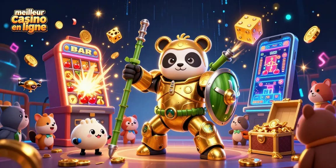 Découvrez le meilleur casino en ligne avec un panda en armure pilotant un robot, entouré de machines à sous et de chance.