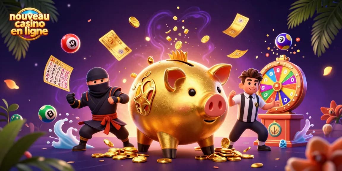 Illustration dynamique d'un nouveau casino en ligne avec un sumo en tirelire et un ninja en compétition ludique.
