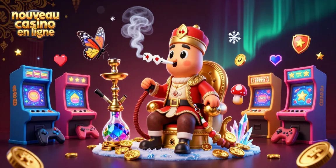 Illustration d’un nouveau casino en ligne avec un maître du narguilé et symbole de poker illustrant une expérience de jeu immersive.