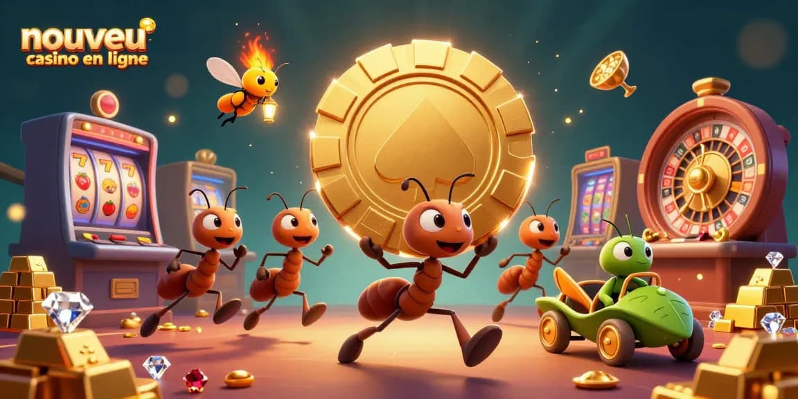 Nouveau casino en ligne: une équipe de fourmis en plein vol de poker avec des éléments de casino scintillants.