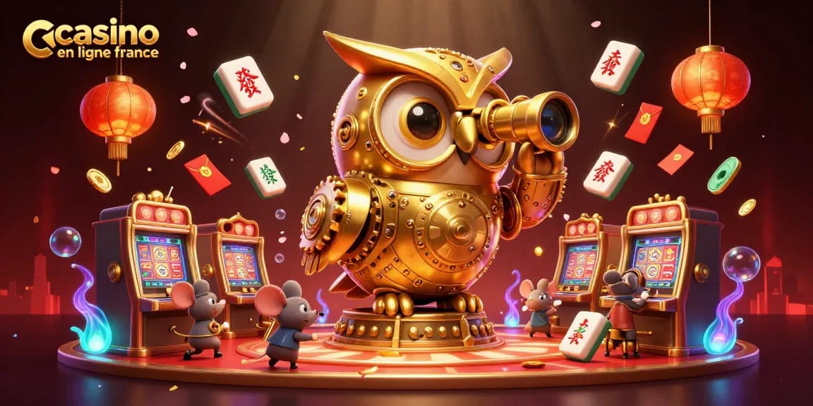 Une illustration 3D vibrante de la chouette dorée sur fond de casino et donc casino en ligne France tout autour d'éléments variés.