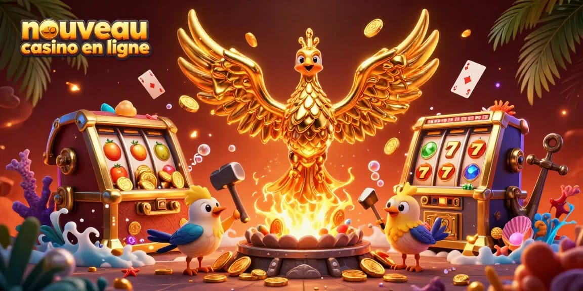 Illustration dynamique d'un nouveau casino en ligne, mettant en scène un phoenix doré avec des assistants et des éléments de machines à sous.