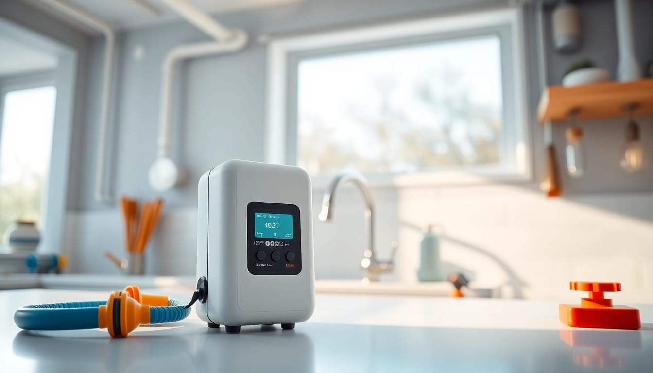 Monitor water leak detection efficiently with a sleek device showcased in a well-lit kitchen.