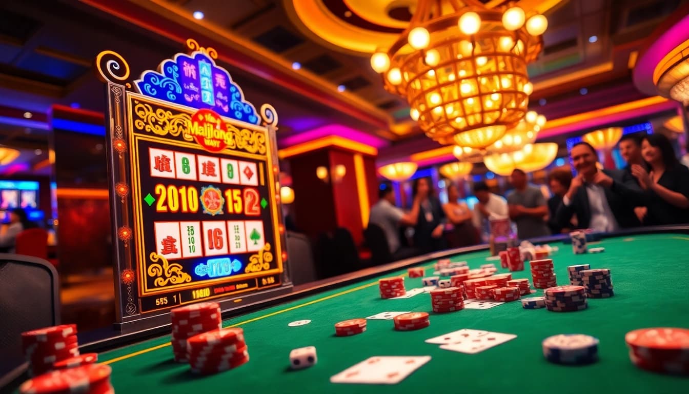Play Mahjong Ways 2 in an electrifying casino atmosphere filled with excitement and vibrant gaming elements.