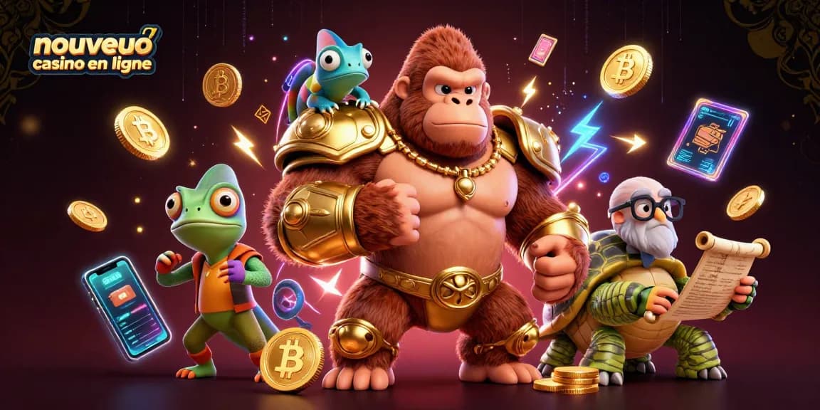 Illustration dynamique d'un nouveau casino en ligne avec des personnages de jeu et des éléments de crypto-monnaie.