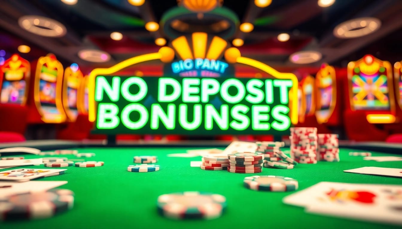 No deposit bonuses highlighted on a casino table surrounded by colorful cards and chips