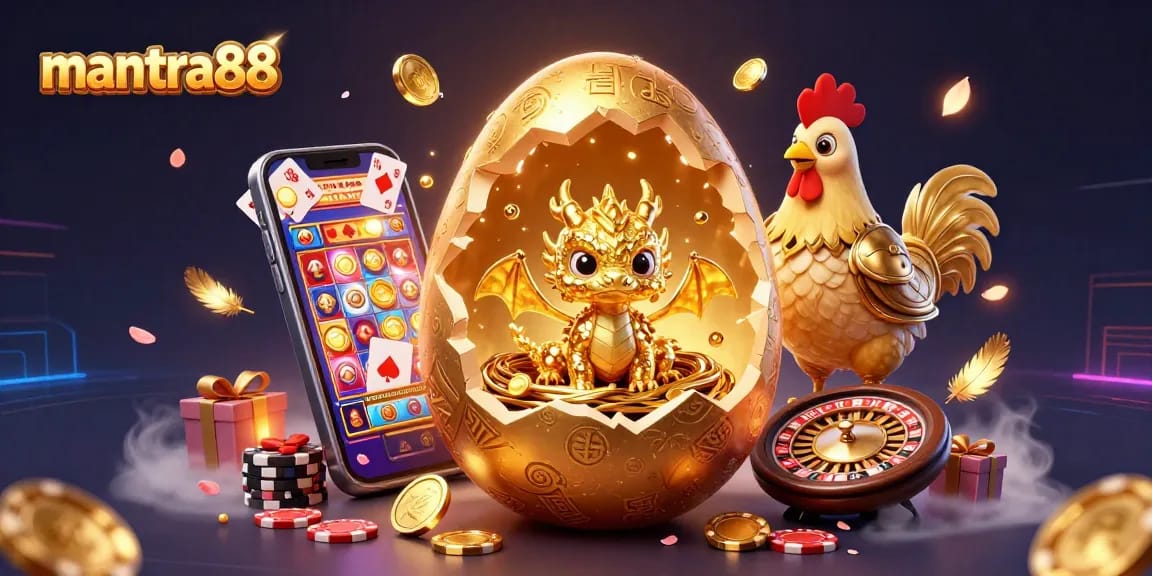 Win big with mantra88's vibrant slots highlighted by a golden dragon and poker chips.