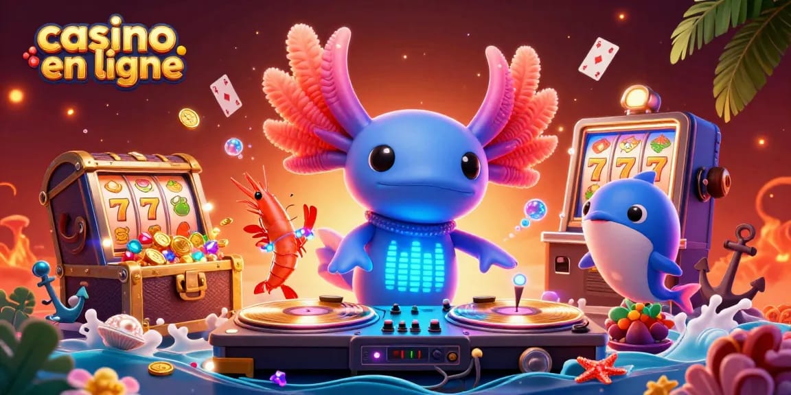 Les jeux de casino en ligne s'animent grâce à un DJ axolotl vibrant au milieu des machines à sous.