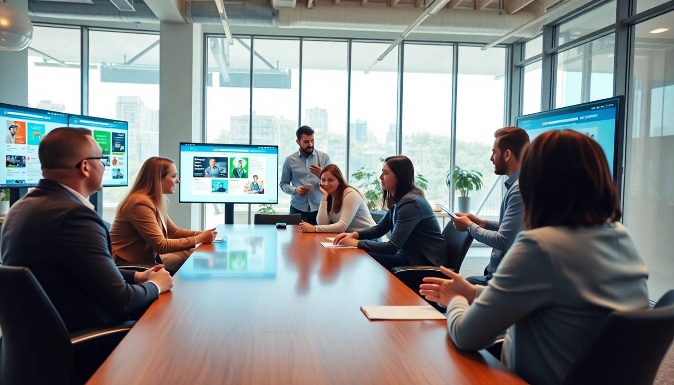 Engaged team at a web design company brainstorming innovative ideas around a modern office.