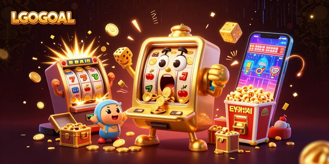 Experience gaming excitement with LGOGOAL as animated slot machines celebrate a jackpot win.