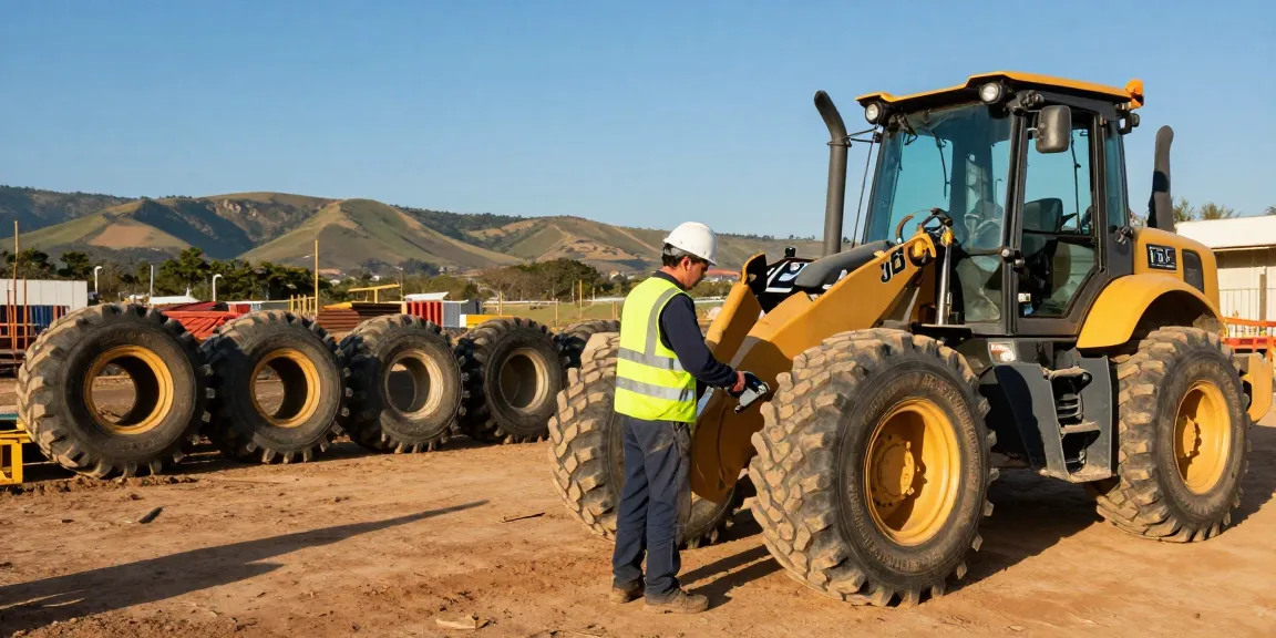 Skilled technician fitting TLB tyres on a JCB backhoe in Durban's construction site.