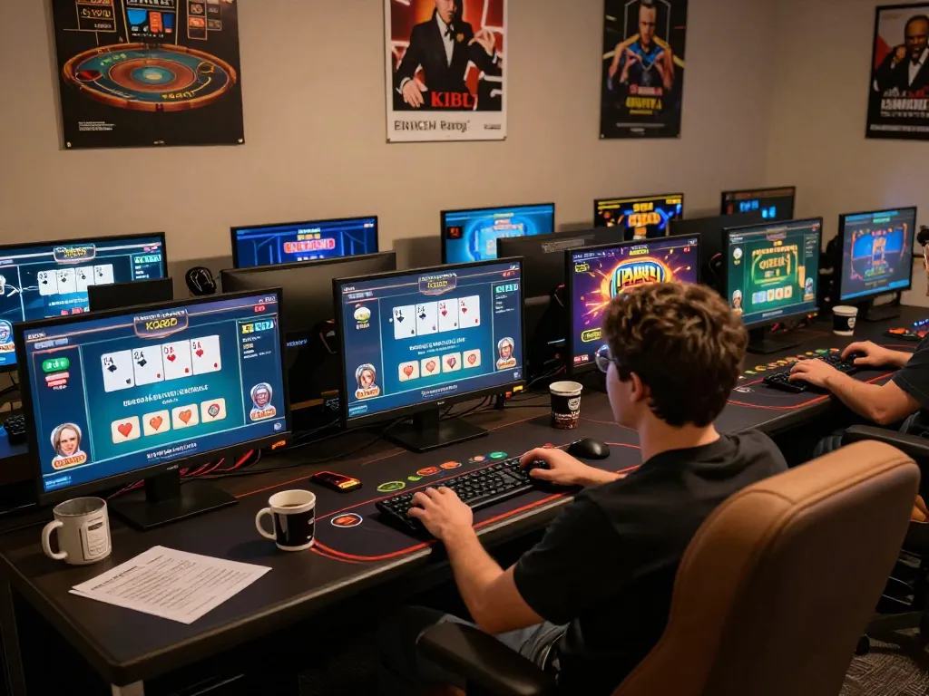 KQBD gaming setup with multiple screens displaying live casino action for an engaging experience.