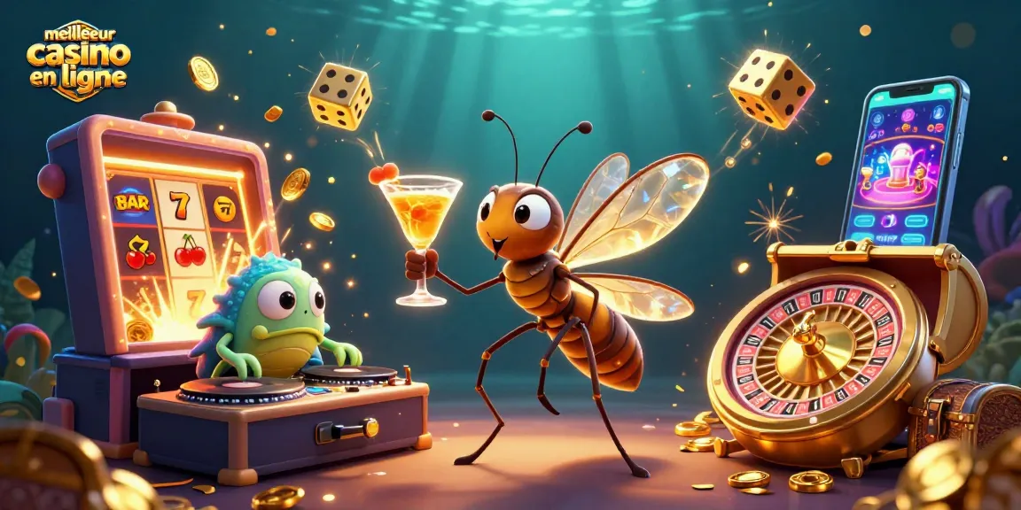 Vibrez avec le meilleur casino en ligne à travers une ambiance immersive d'illustration 3D où un moustique et un trilobite célèbrent les jackpots.