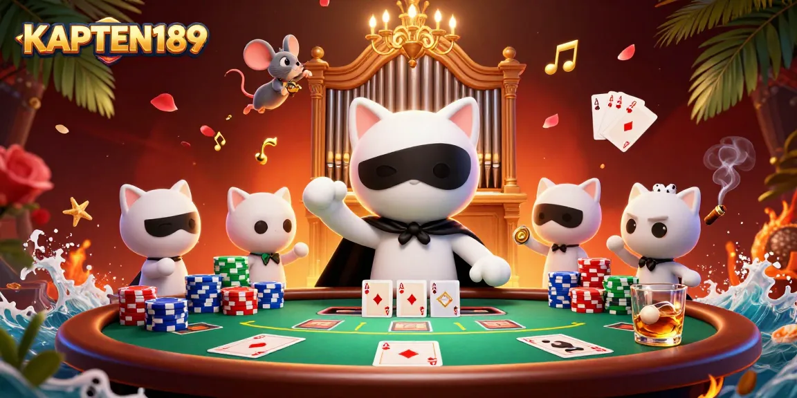KAPTEN189 mempersembahkan ilustrasi kasino dengan kucing bertopeng dan mouse akrobat.