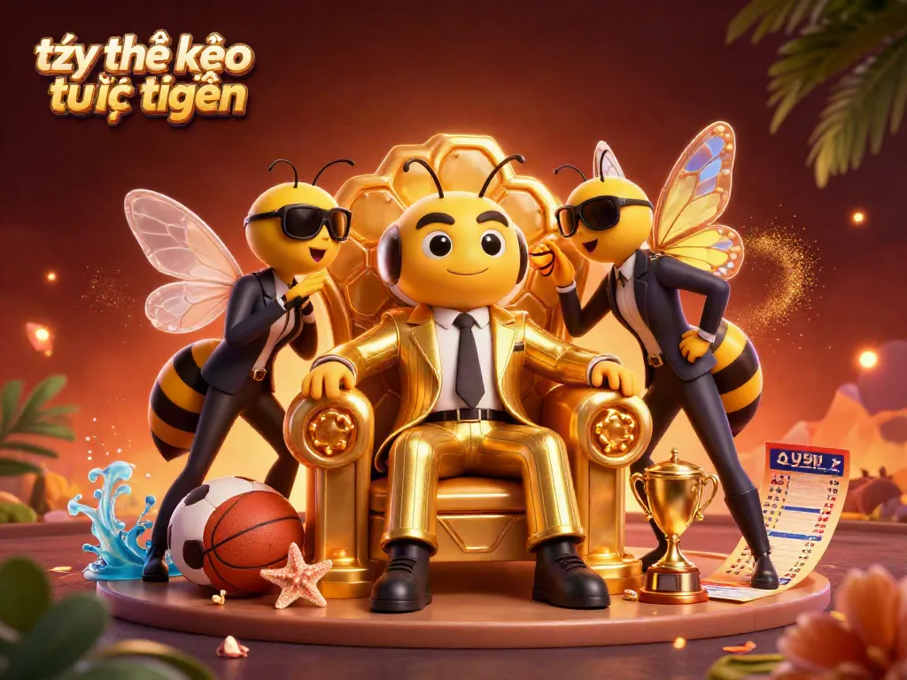 Betting on tỷ lệ kèo trực tuyến with an energetic scene featuring a bumblebee mob boss and sports elements.