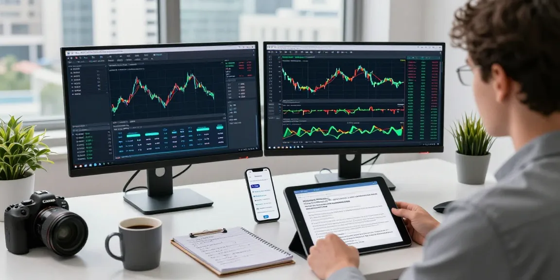 Trader using MetaTrader 5 across multiple devices in a modern workspace.