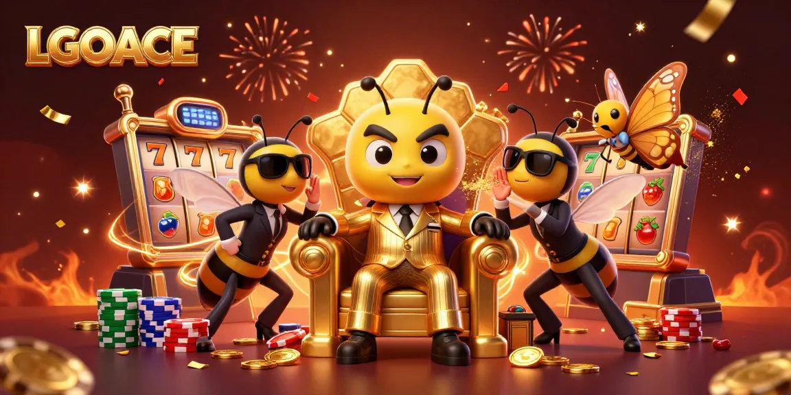 LGOACE showcases a vibrant 3D scene with a bumblebee mob boss at the center amid colorful slot machine elements.