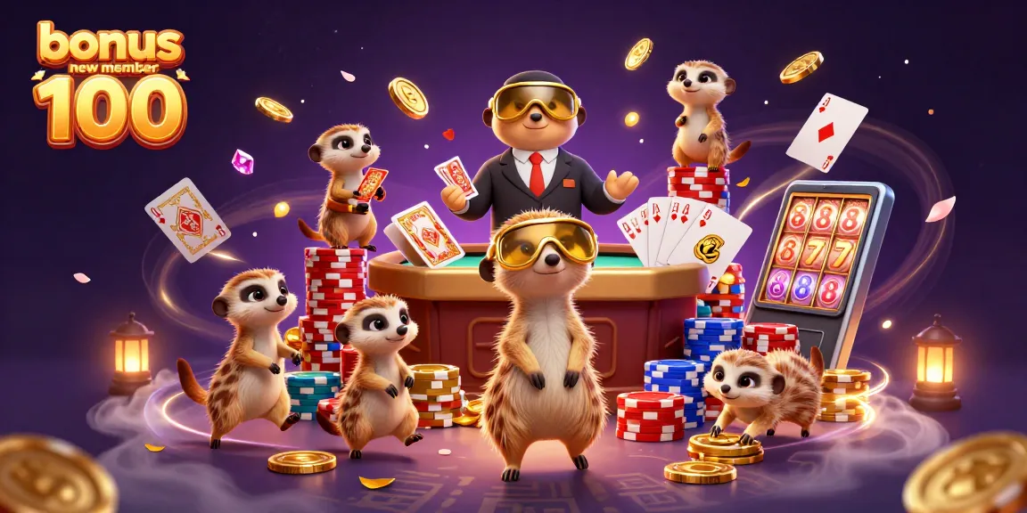 Menangkan bonus new member 100 dengan ilustrasi kartun 3D dari koloni meerkat di kasino yang megah.