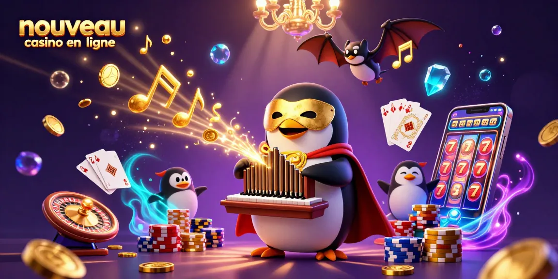 Illustration d'un nouveau casino en ligne avec un pingouin fantôme jouant de l'orgue, entouré de pièces d'or et de gemmes brillantes.