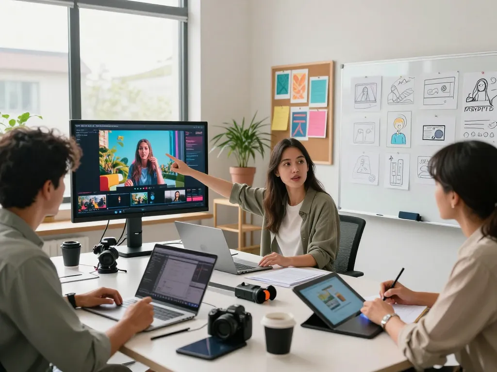 Creative team collaborates on video to prompt technology in a vibrant workspace.