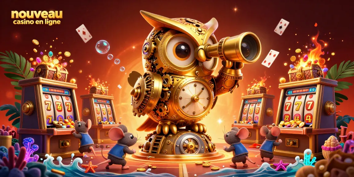 Profitez d'une illustration captivante de nouveau casino en ligne où le hibou doré surveille des souris jouant, remplie de trésors et de jeux scintillants.